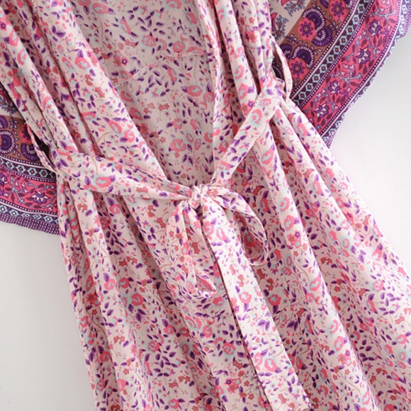 boho floral print kimono cover up belted beach - Picture 5 of 6